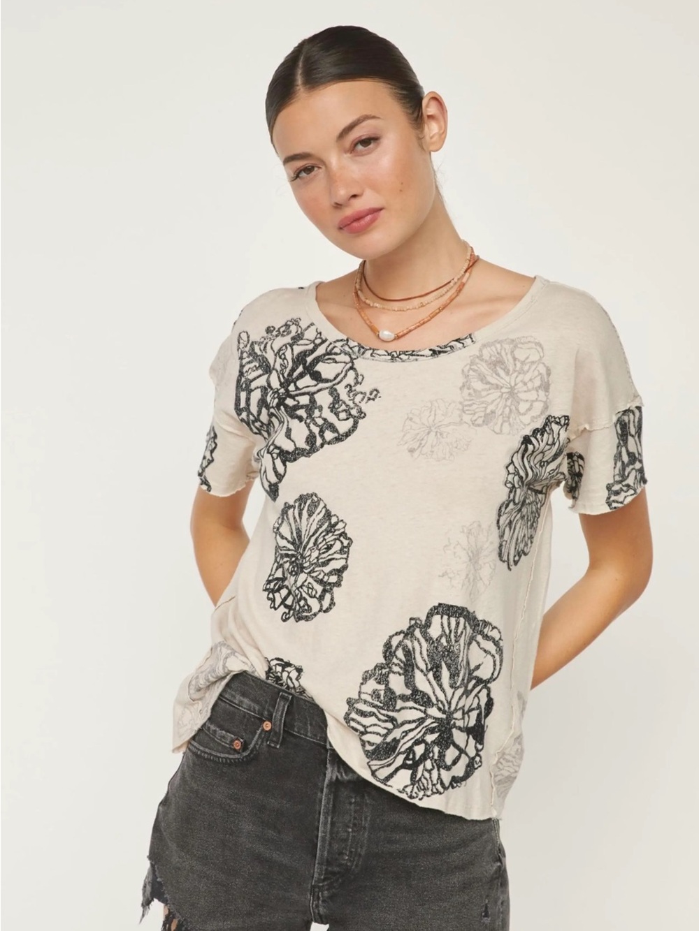 Pilcro Cream Short Sleeve Tee with Black Floral Print linen blend XS